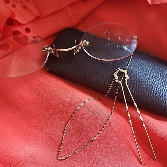 Antique Victorian Ladies Pince~nez Spectacles With Gold Tone Hair Pin & Chain - Picture 3 of 12